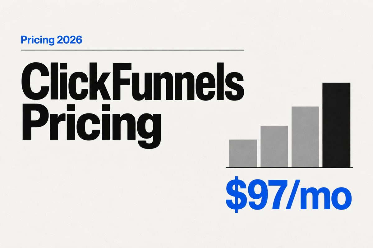 Editorial cover: the headline ClickFunnels Pricing beside four flat blocks rising like steps, the tallest in black, with the figure $97/mo.
