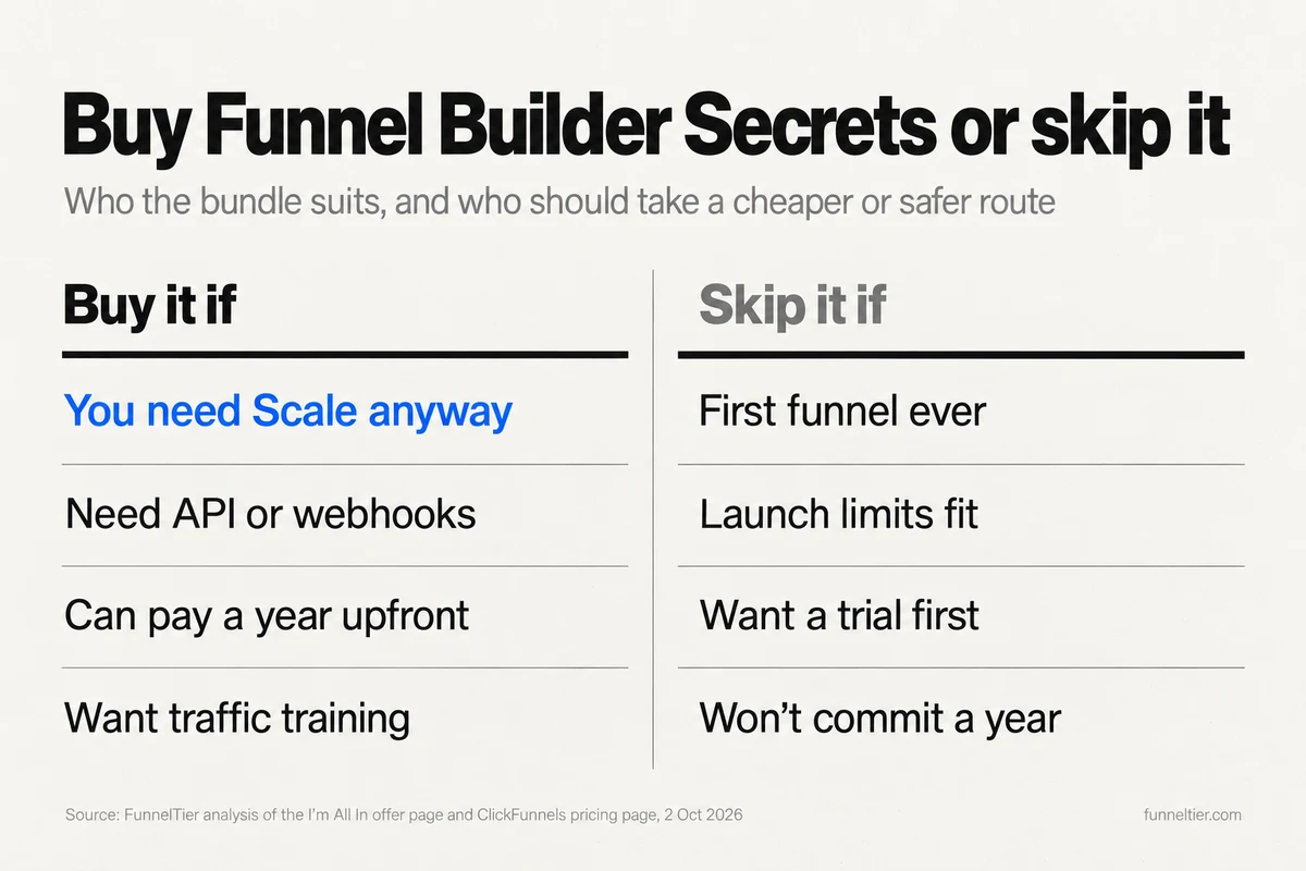 Two-column comparison of who should buy Funnel Builder Secrets through I'm All In: buy it if you need Scale anyway, need the API or webhooks, can pay a year up front and want traffic training; skip it if it is your first funnel, Launch's limits fit, you want a trial first or you won't commit to a year.